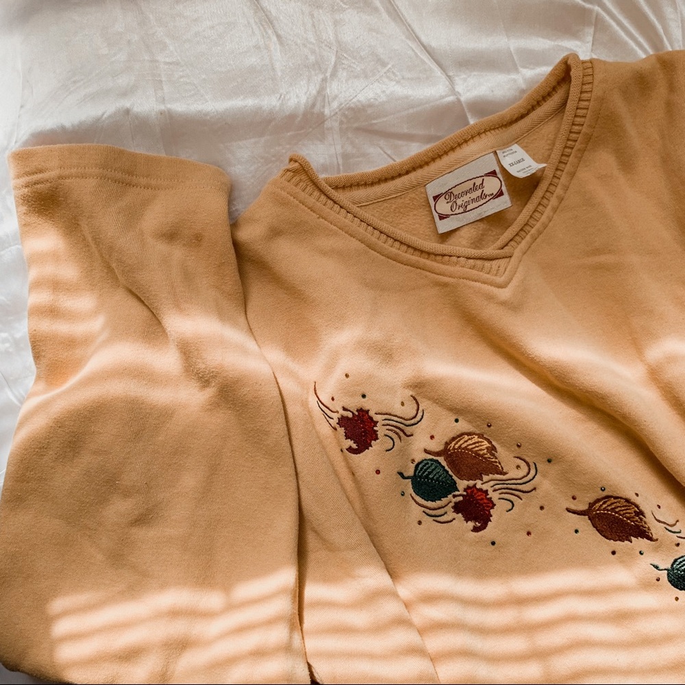 Vintage Fall Embroidered  V-neck Mustard Sweater SZ XXL